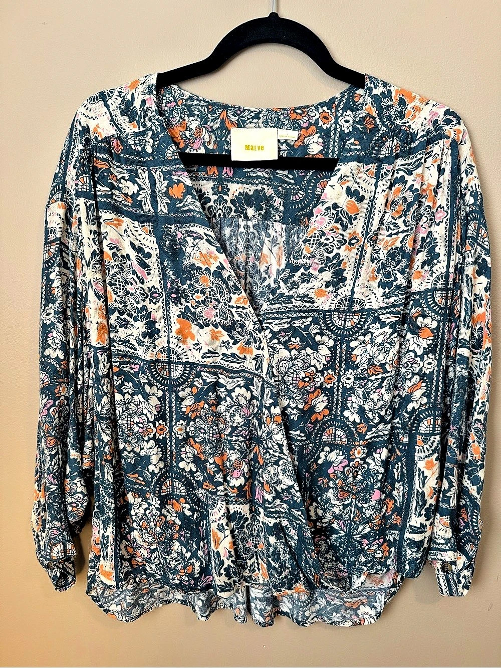 MAEVE ANTHROPOLOGIE Floral Faux Wrap Surplice BOHO Viscose Blouse Large L